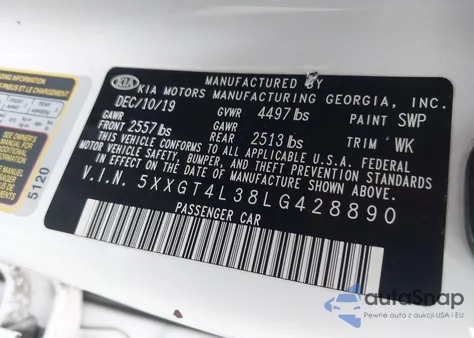 2020 Kia Optima Lx из США, поврежденный, VIN 5XXGT4L38LG428890